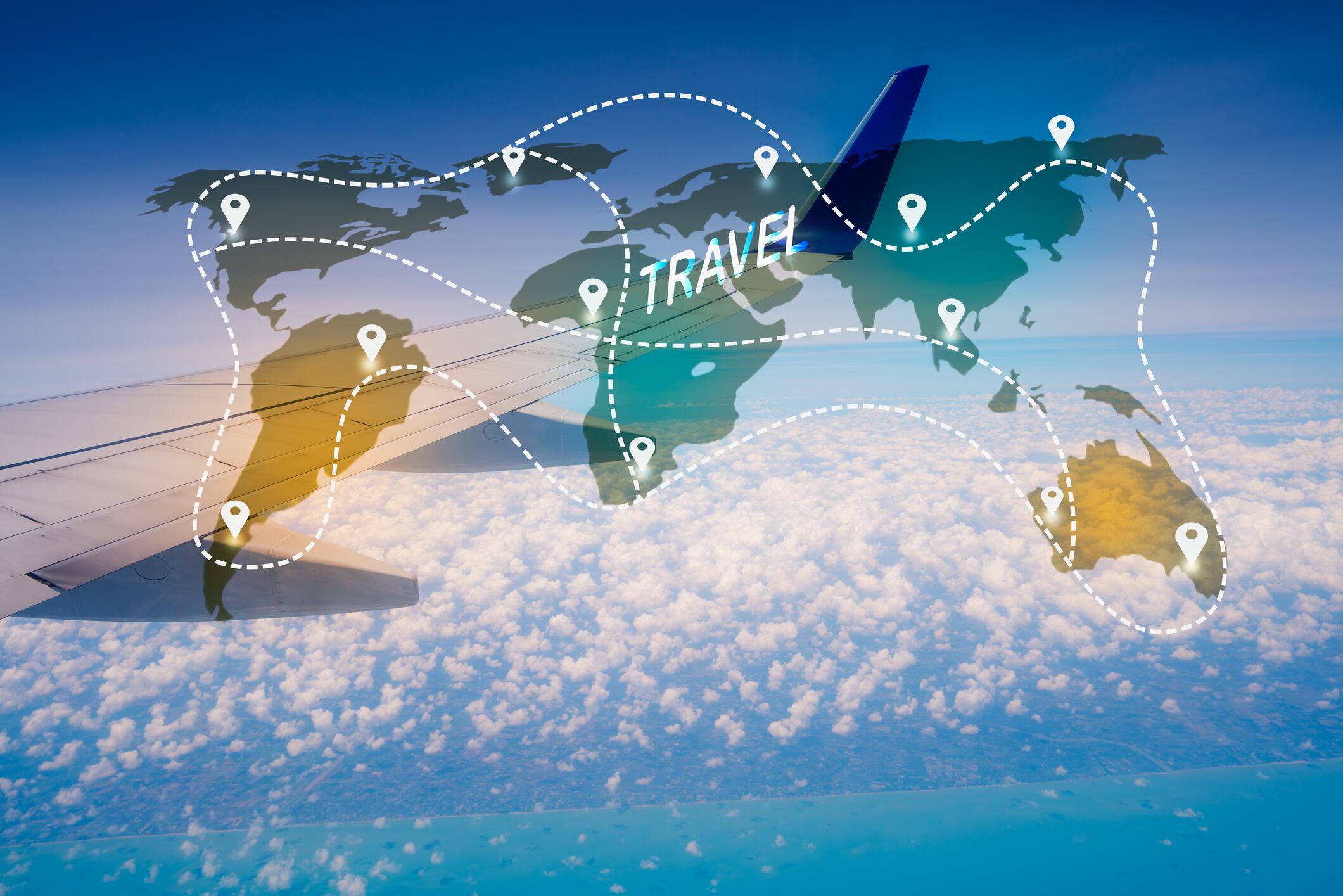 Foto de referencia del mundo con un avión de fondo