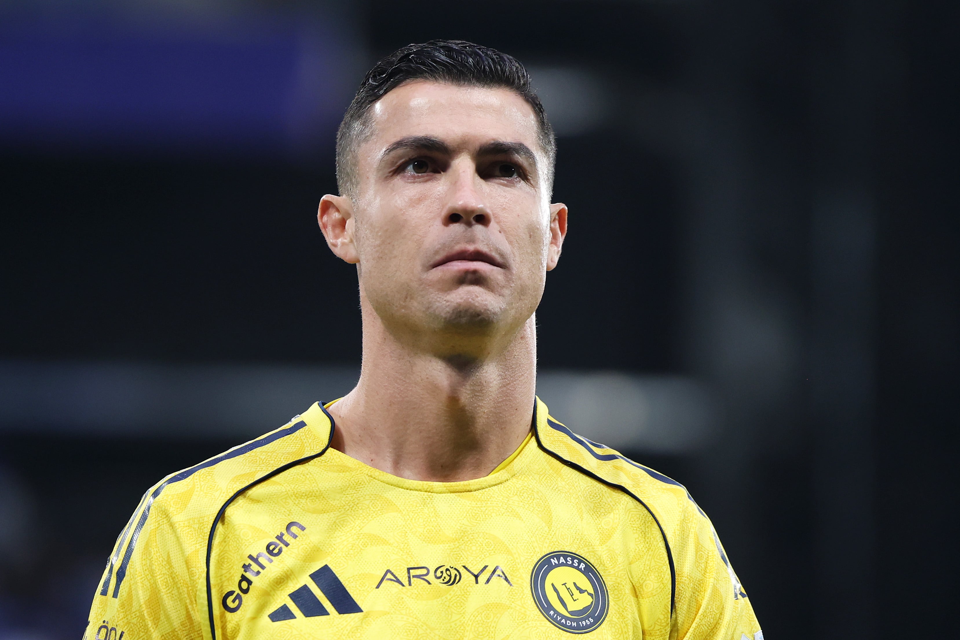 RIYADH, SAUDI ARABIA - JANUARY 12: Cristiano Ronaldo of Al-Nassr looks on prior to the Saudi Pro League match between Al Hilal and Al Nassr at Kingdom Arena on January 12, 2026 in Riyadh, Saudi Arabia. (Photo by Yasser Bakhsh/Getty Images)