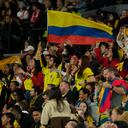 Aficionados de Colombia animan durante el partido de cuartos de final de la Copa Mundial Femenina de fútbol entre Inglaterra y Colombia en el Estadio Australia en Sídney, Australia, el sábado 12 de agosto de 2023. (Foto AP/Rick Rycroft)
