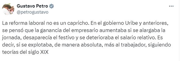 El presidente Gustavo Petro respondió a las críticas de Álvaro Uribe a la Reforma Laboral.