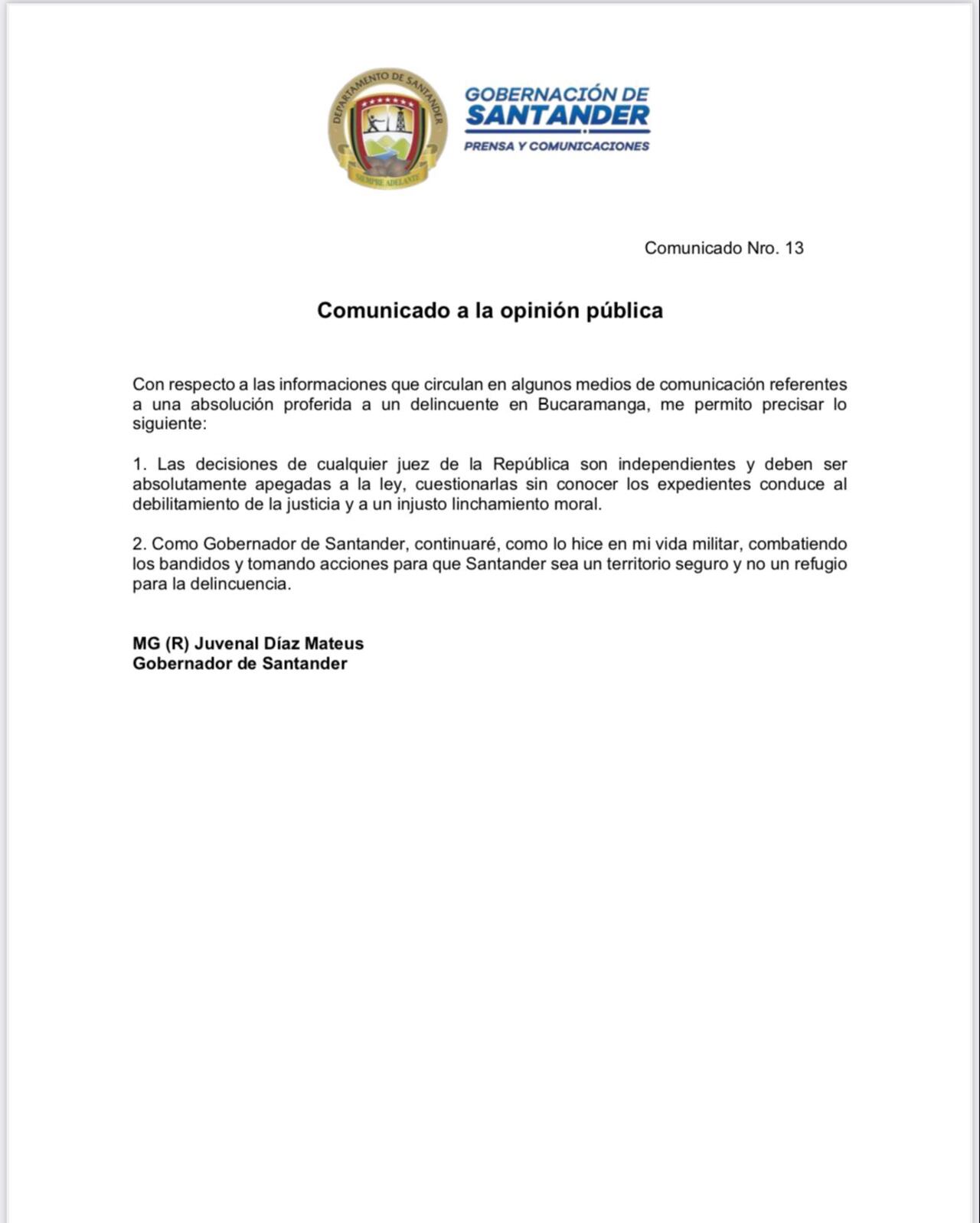 Comunicado gobernador de Santander.