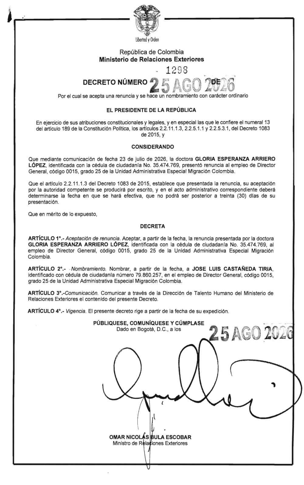 José Luis Castañeda es el nuevo director de Migración Colombia tras renuncia de Gloria Arriero.