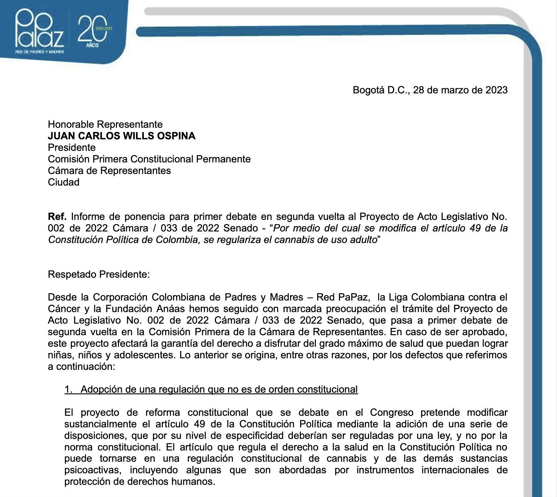 Comunicación enviada al Congreso.