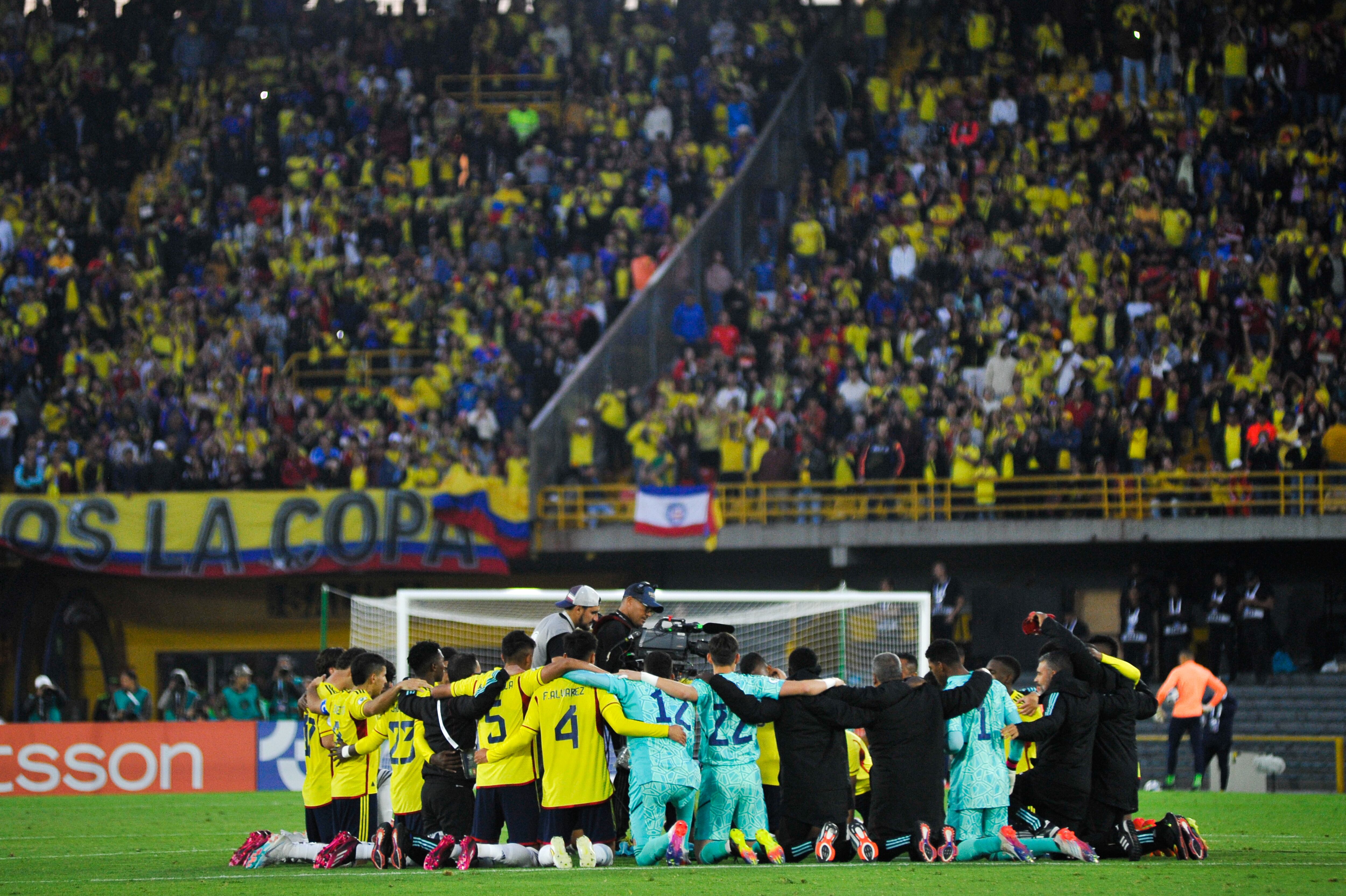 Colombia's team celebrates after winning the South American U-20 Conmebol Tournament match between Colombia and Venezuela, in Bogota, Colombia on February 12, 2023. (Photo by Sebastian Barros/NurPhoto via Getty Images)