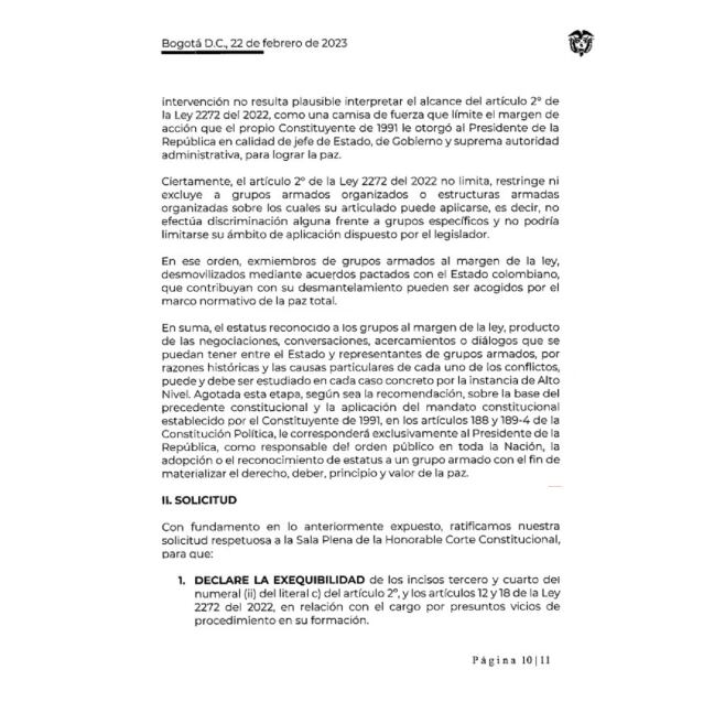 Ministerio de Justicia advierte que el Presidente es el único que puede avalar la Paz Total.