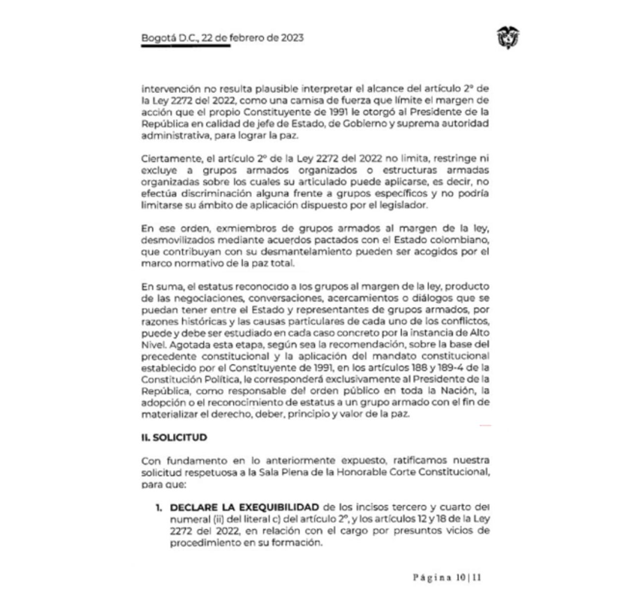 Ministerio de Justicia advierte que el Presidente es el único que puede avalar la Paz Total.