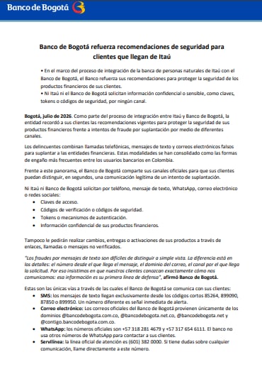 Comunicado Banco de Bogotá.