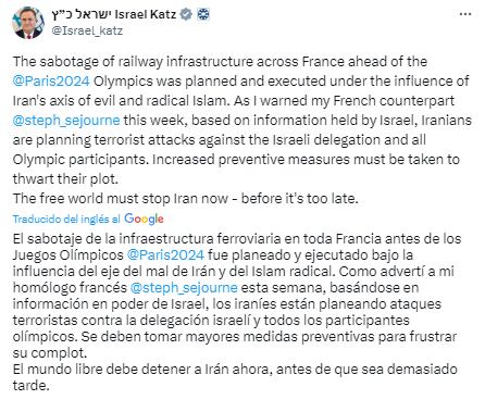 Esta es al publicación del ministro iraelí en su cuenta de X