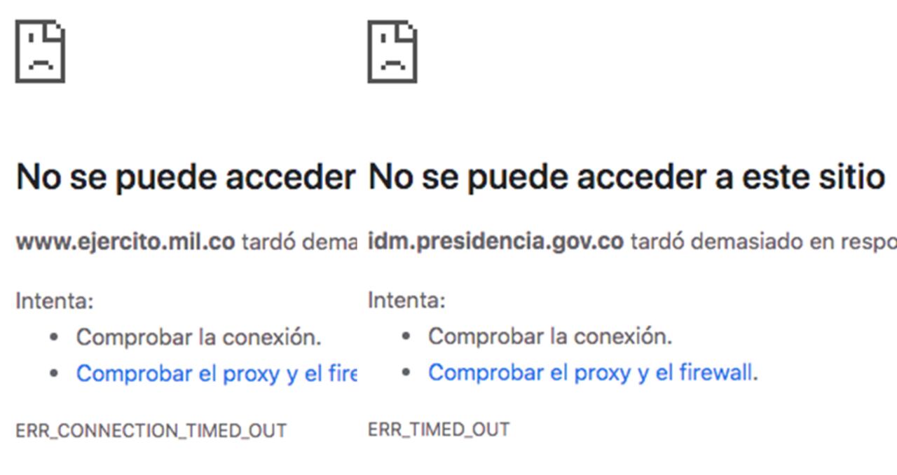 Así se ven las páginas web del Ejército, Senado y Presidencia de la República de Colombia, tras haber sido atacadas por Anonymous.