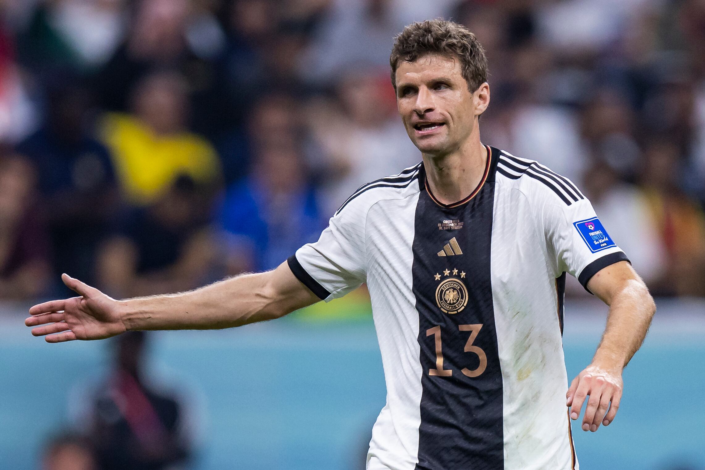 01 December 2022, Qatar, Al-Chaur: Soccer: World Cup, Costa Rica - Germany, preliminary round, Group E, Matchday 3, Al-Bait Stadium, Germany's Thomas Müller gesticulates. Photo: Tom Weller/dpa (Photo by Getty Images/Tom Weller/picture alliance)