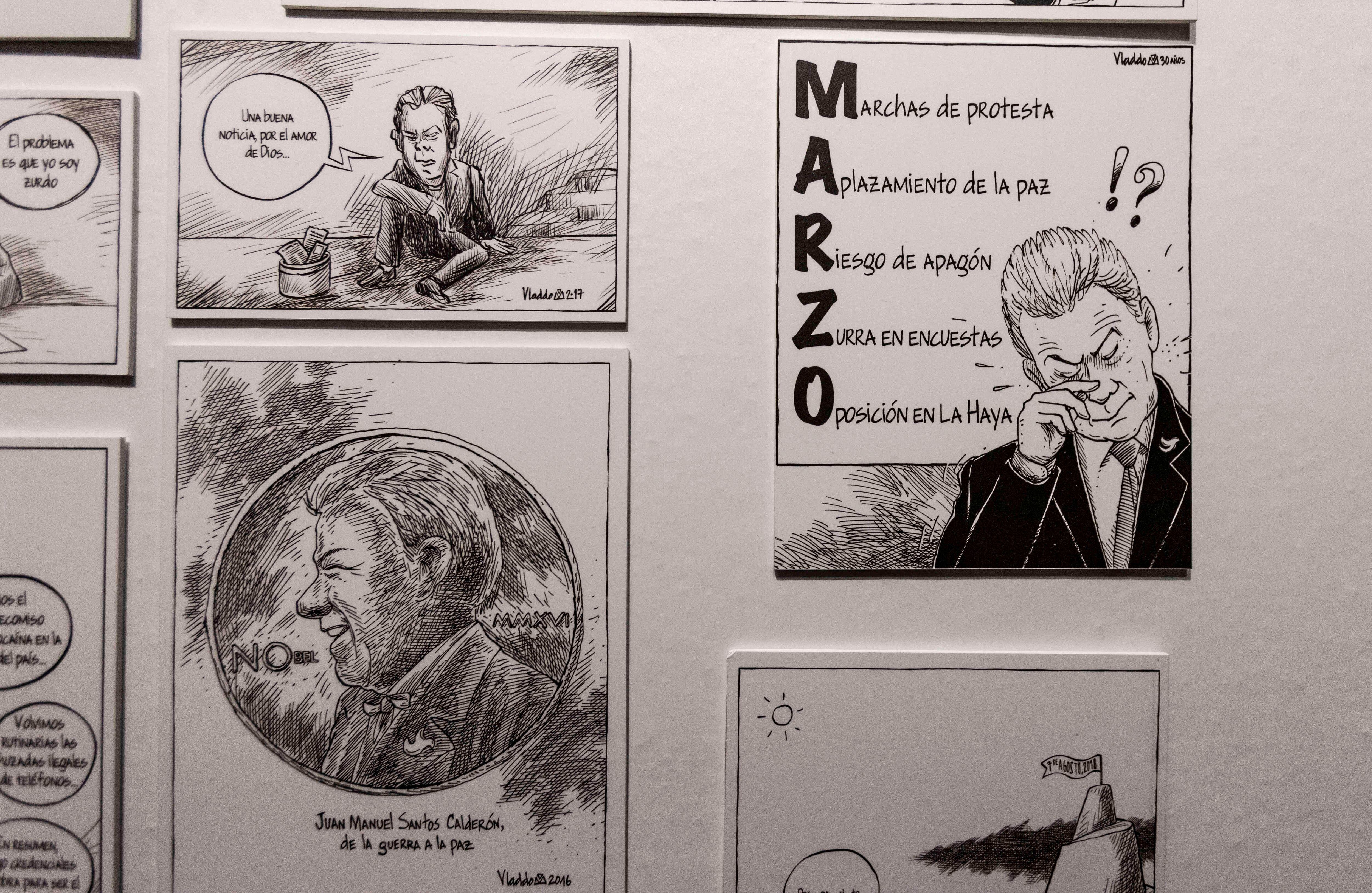 En su afán de caricaturizar la vida política del país, Vladdo tuvo bastante trabajo durante la presidencia de Juan Manuel Santos. Estas son algunas de las piezas exhibidas en el MamBo. FOTO: Mauricio Florez