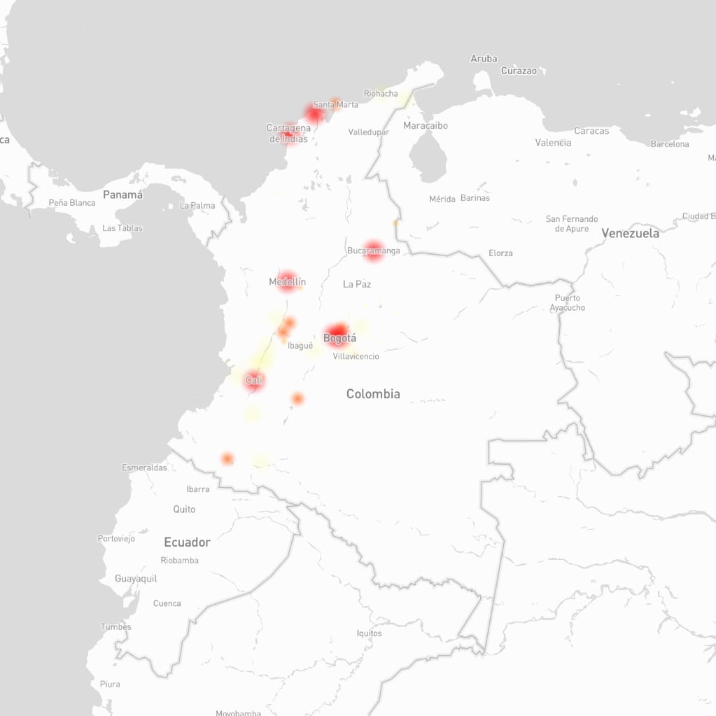 El mapa de fallas muestra afectaciones en ciudades de distintas regiones de Colombia.