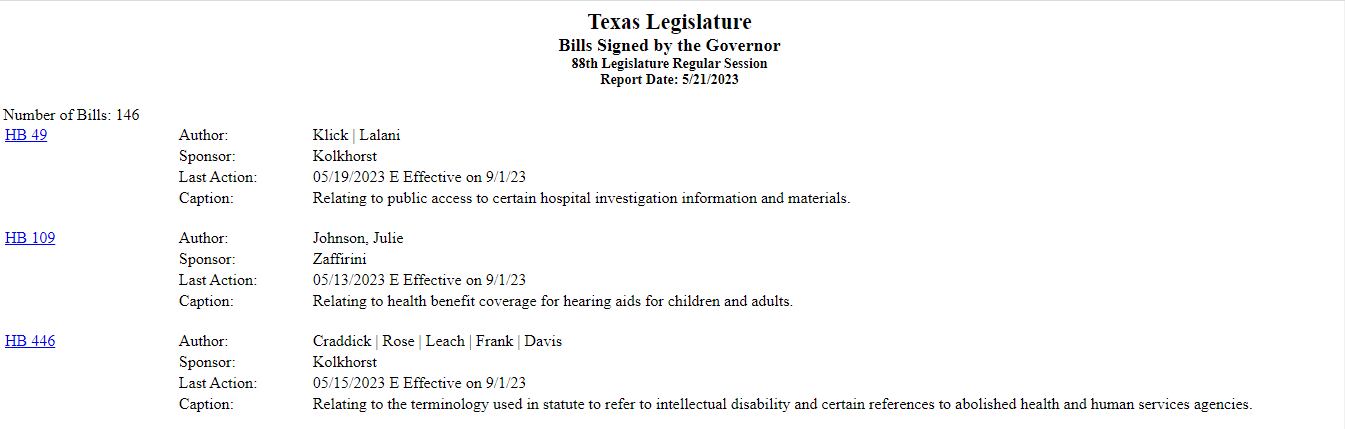 Captura de pantalla https://capitol.texas.gov/Reports/ donde consta que el proyecto aún no ha sido firmado.