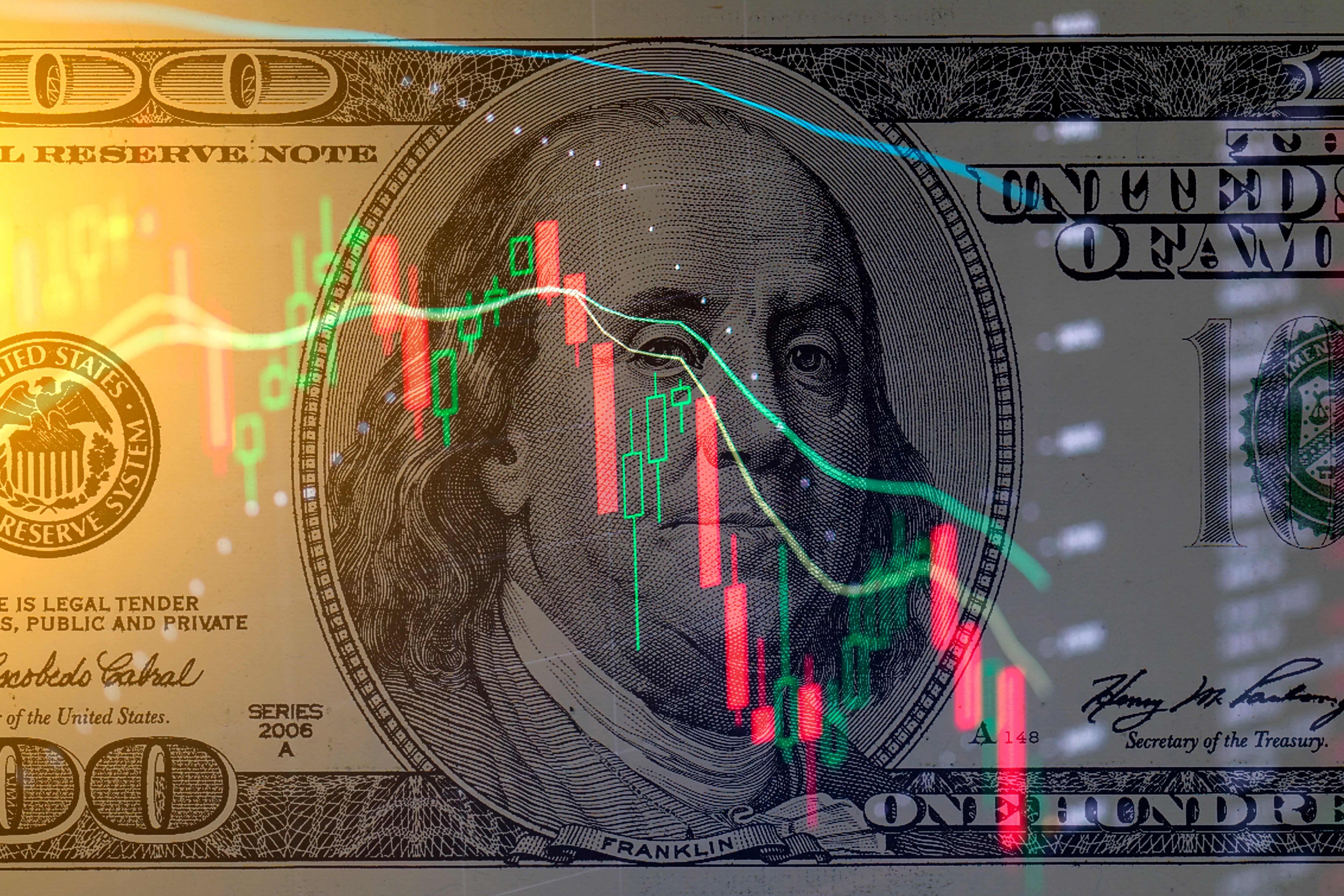 One hundred dollar bill on the background of  stock charts. Economic crisis.