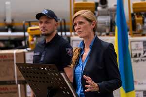 U.S. Agency for International Development Administrator Samantha Power speaks during a news conference as she is joined by Serhiy Kruk, Head of the State Emergency Service of Ukraine, in Kyiv, Ukraine, Monday, July 17, 2023. (AP Photo/Jae C. Hong)