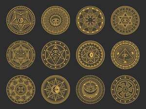Símbolos mágicos con alquimia vectorial y ciencia oculta, religión esotérica y signos místicos de astrología. Círculos de oro con adornos de sol, luna y ojo espiritual, triángulo, estrella de pentagrama, pirámide y ankh. Horóscopo azteca.