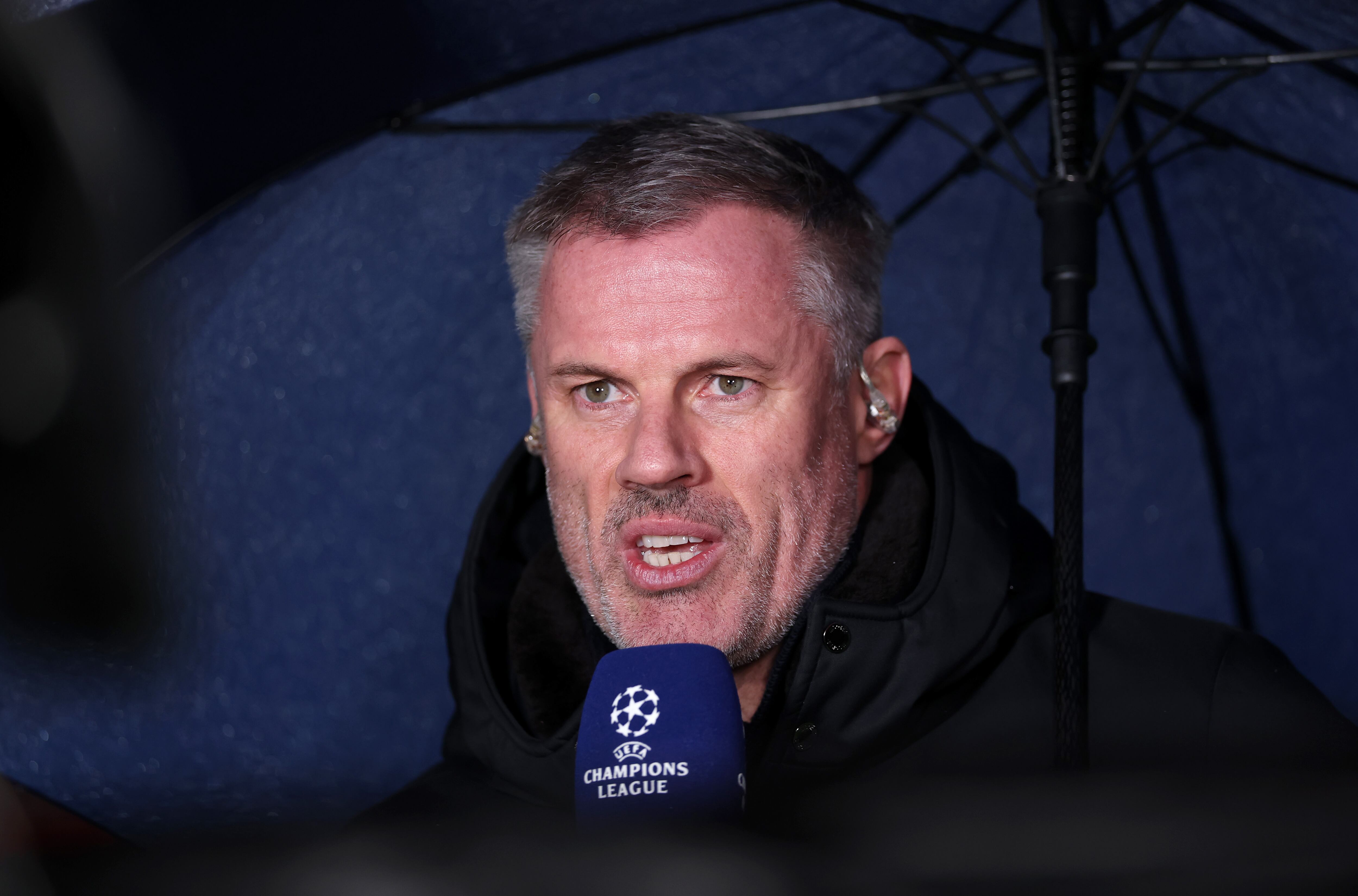 LIVERPOOL, ENGLAND - NOVEMBER 04: Jamie Carragher presents for Amazon Prime prior to the UEFA Champions League 2025/26 League Phase MD4 match between Liverpool FC and Real Madrid C.F. at Anfield on November 04, 2025 in Liverpool, England. (Photo by Carl Recine/Getty Images)