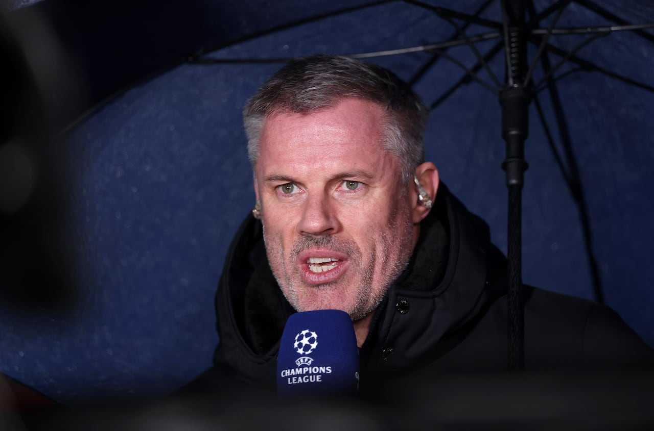 LIVERPOOL, ENGLAND - NOVEMBER 04: Jamie Carragher presents for Amazon Prime prior to the UEFA Champions League 2025/26 League Phase MD4 match between Liverpool FC and Real Madrid C.F. at Anfield on November 04, 2025 in Liverpool, England. (Photo by Carl Recine/Getty Images)