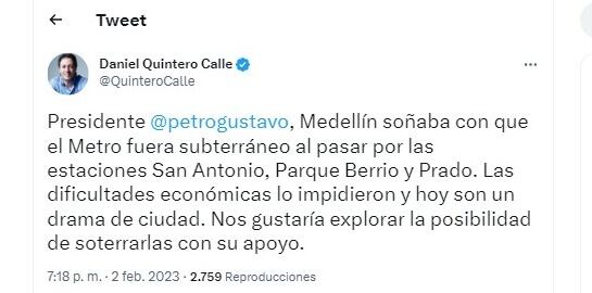 El alcalde pidió ayuda del Gobierno en este tweet para el Metro subterráneo