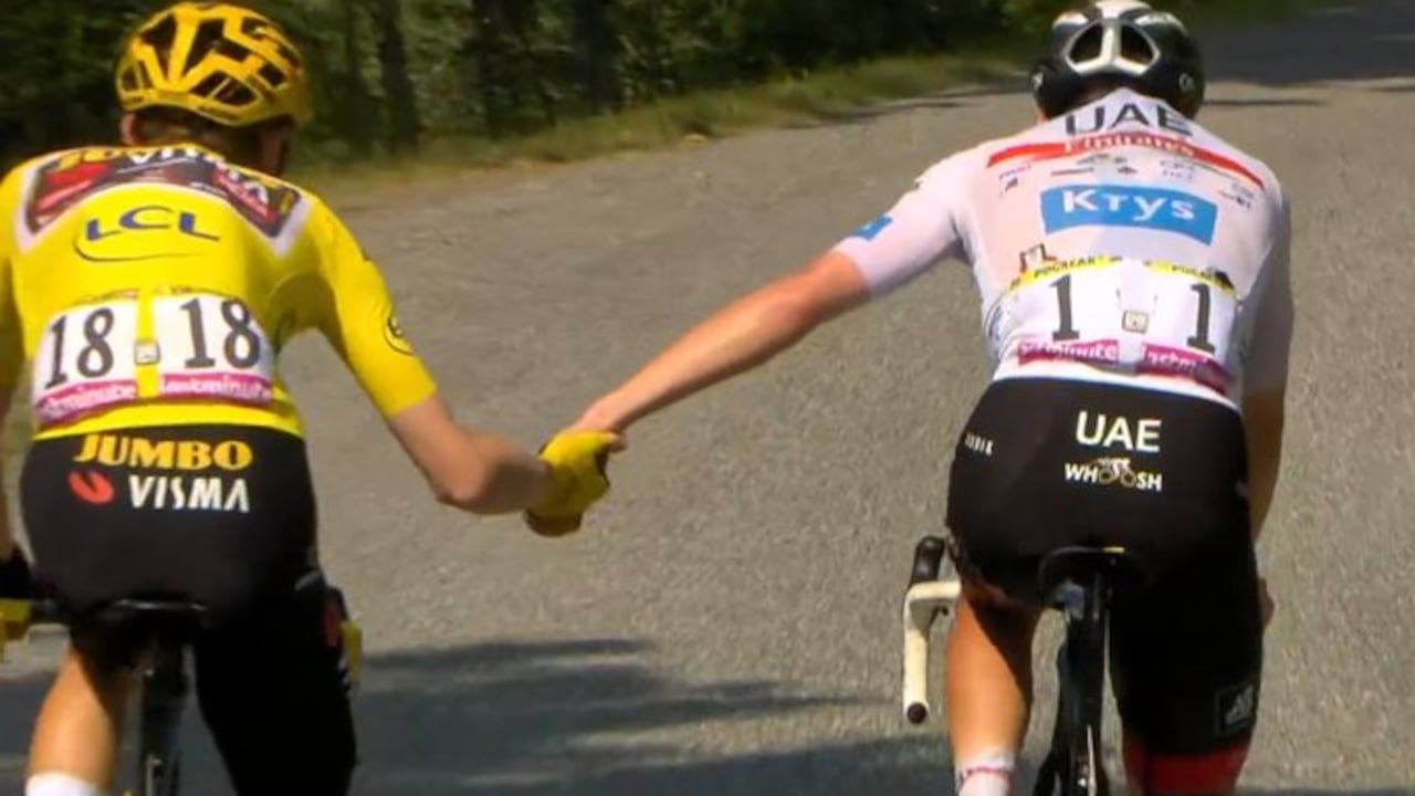 Tadej Pogacar se cayó y Jonas Vingegaard paró y lo esperó