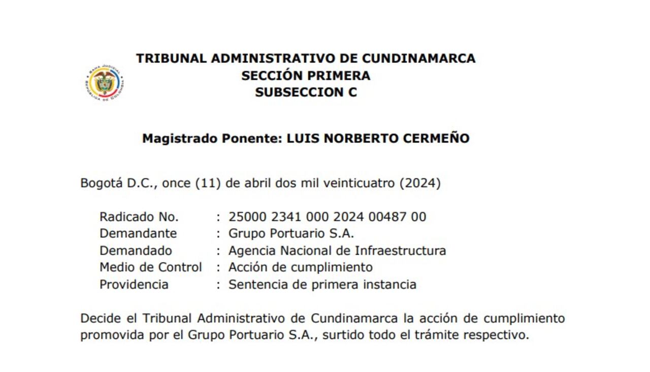 Sentencia Tribunal de Cundinamarca, sobre Muellle 13 de Buenaventura.
