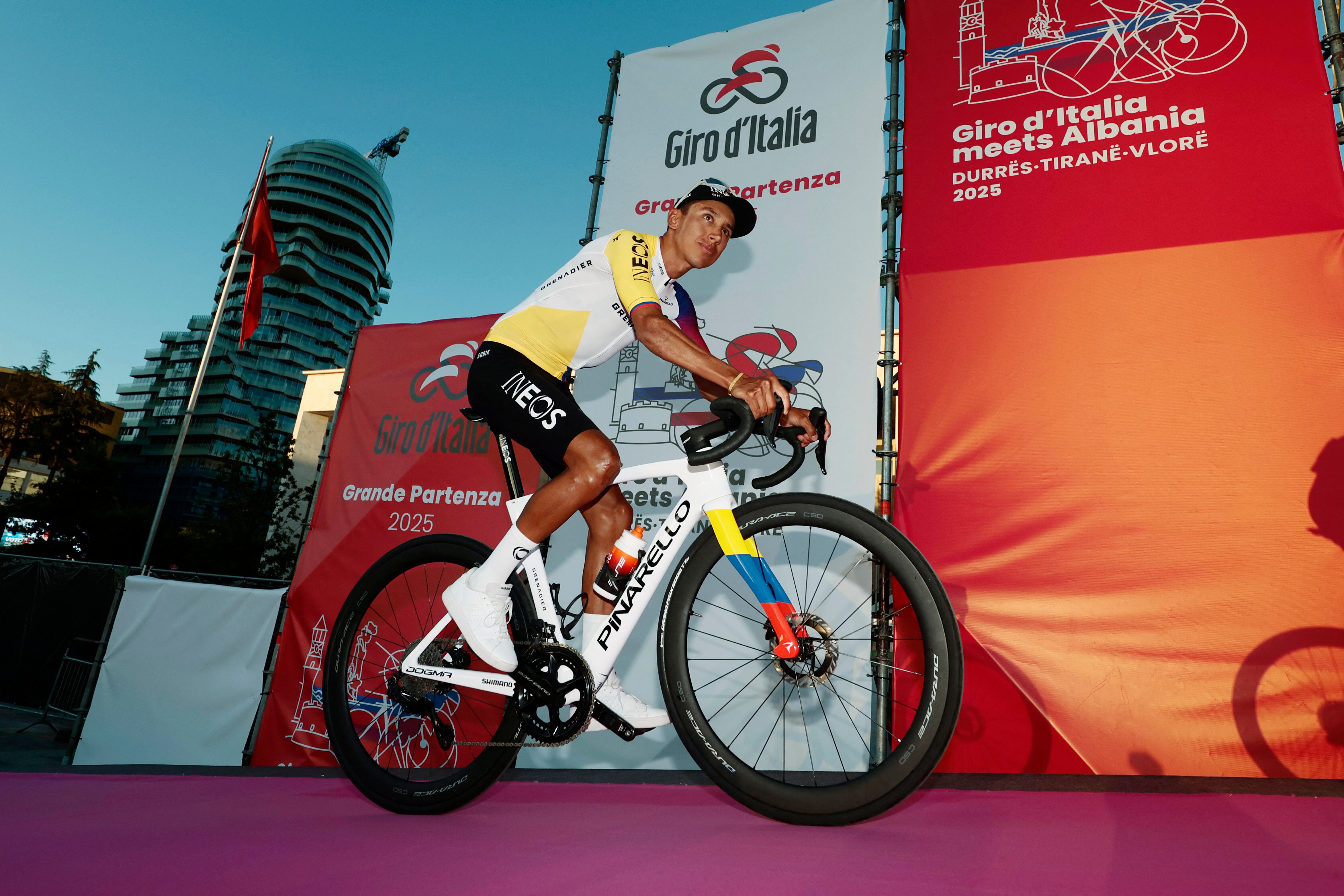 Ineos Grenadiers' Colombian rider Egan Bernal arrives for the opening ceremony and team presentation in Tirana, on May 7, 2025, two days before the departure of the Giro d'Italia 2025 cycling race. The Giro d'Italia 2025 cycling race will depart from Durres, Albania on May 9, and finish in Rome on June 1. (Photo by Luca Bettini / AFP)