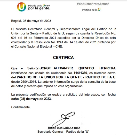 Certificado Partido de la U