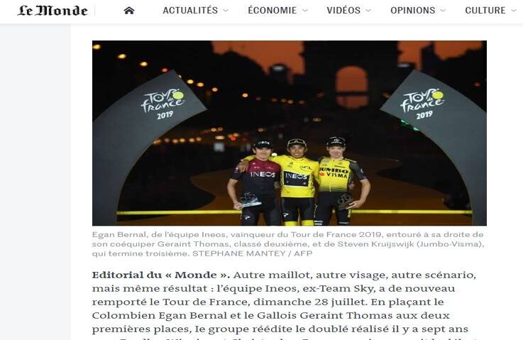 'Le Monde', uno de los diarios más leídos en Francia, analizó en su artículo sobre Egan Bernal cómo los ciclistas franceses y europeos necesitan renovar el ciclismo. Nombres como Egan Bernal representan una fuerte competencia para todos los ciclistas del mundo. 
