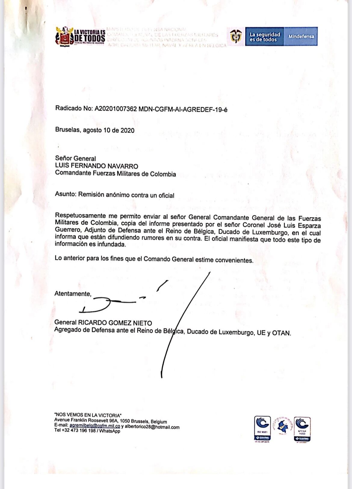 Carta al comandante de las Fuerzas Militares general Luis Fernando Navarro