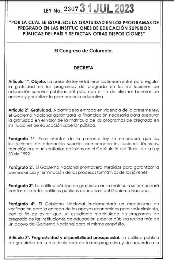 Ley que establece la gratuidad en los programas de pregrado en las universidades públicas