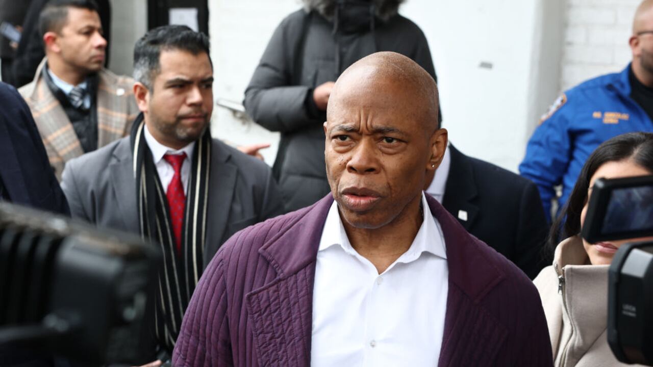 NEW YORK, NEW YORK - FEBRUARY 12: New York City Mayor Eric Adams speaks with members of the media as he arrives for an Adult Town Hall at Sunnyside Community Services Older Adult Center on February 12, 2025 in the Queens borough of New York City. Adams held a town hall to discuss the accomplishments of his administration and listened to questions and concerns from community members a day after the Justice Department dropped his federal bribery and corruption charges. The mayor is scheduled to meet President Donald Trump's border czar Tom Homan on Thursday. (Photo by Michael M. Santiago/Getty Images)