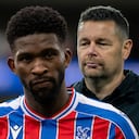 Jefferson Lerma y Pierre Sage, DT de Crystal Palace que lo bajó de jugar la Europa League esta temporada