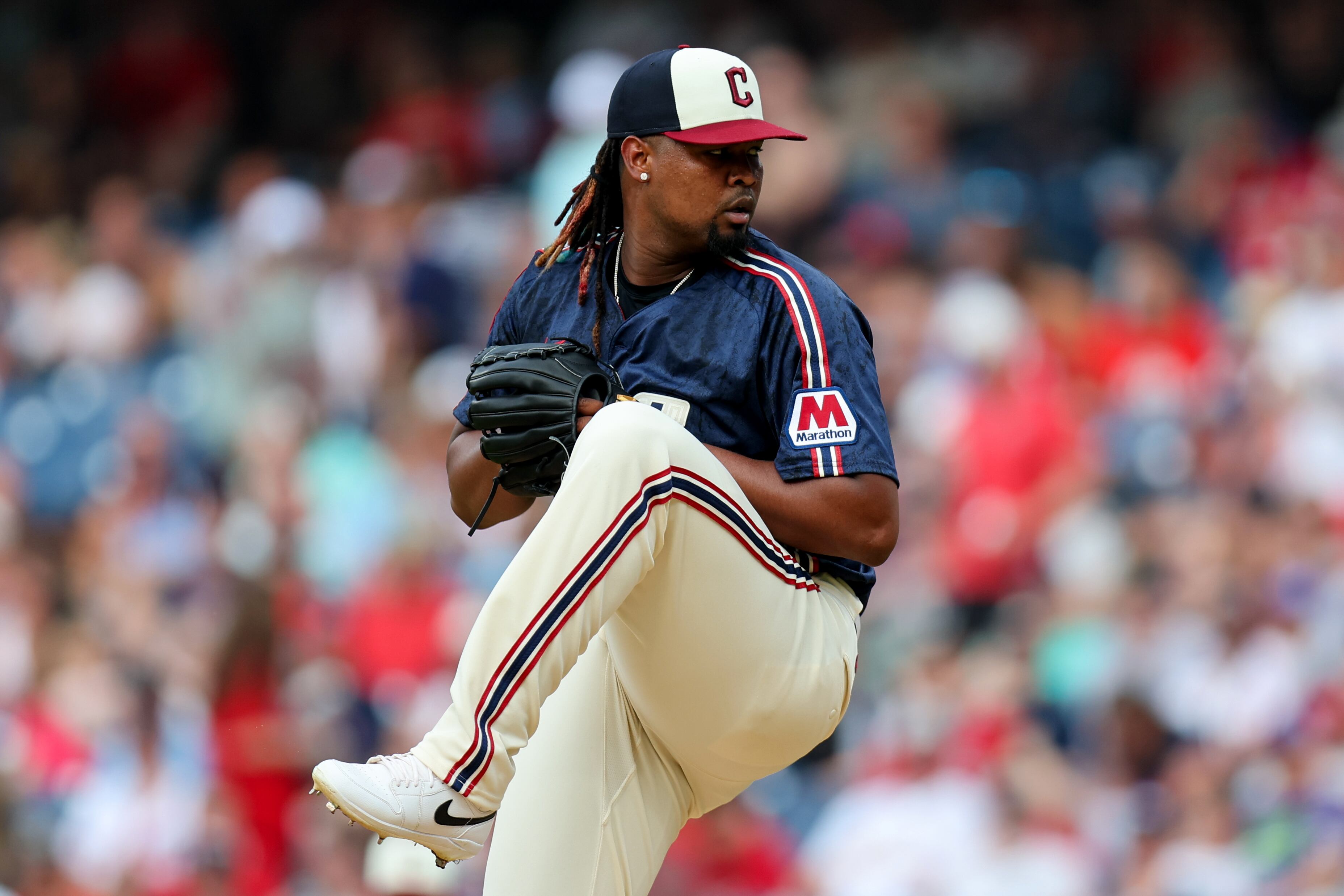 CLEVELAND, OH - JUNE 27: Cleveland Guardians starting pitcher Luis Ortiz (45) delivers a pitch to the plate during the first inning of the Major League Baseball Interleague game between the St. Louis Cardinals and Cleveland Guardians on June 27, 2025, at Progressive Field in Cleveland, OH. (Photo by Frank Jansky/Icon Sportswire via Getty Images)