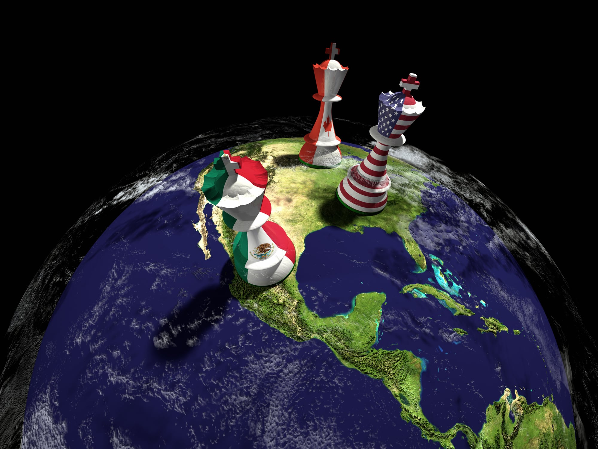Render de un globo terráqueo con piezas decoradas con las banderas de Canadá, México y Estados Unidos