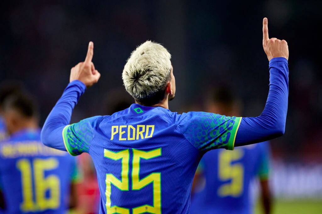 PARIS, FRANCE - SEPTEMBER 27: Pedro Guilherme Abreu dos Santos of Brazil celebrates after scoring their side's fifth goal during the international friendly match between Brazil and Tunisia at Parc des Princes on September 27, 2022 in Paris, France. (Photo by Quality Sport Images/Getty Images)