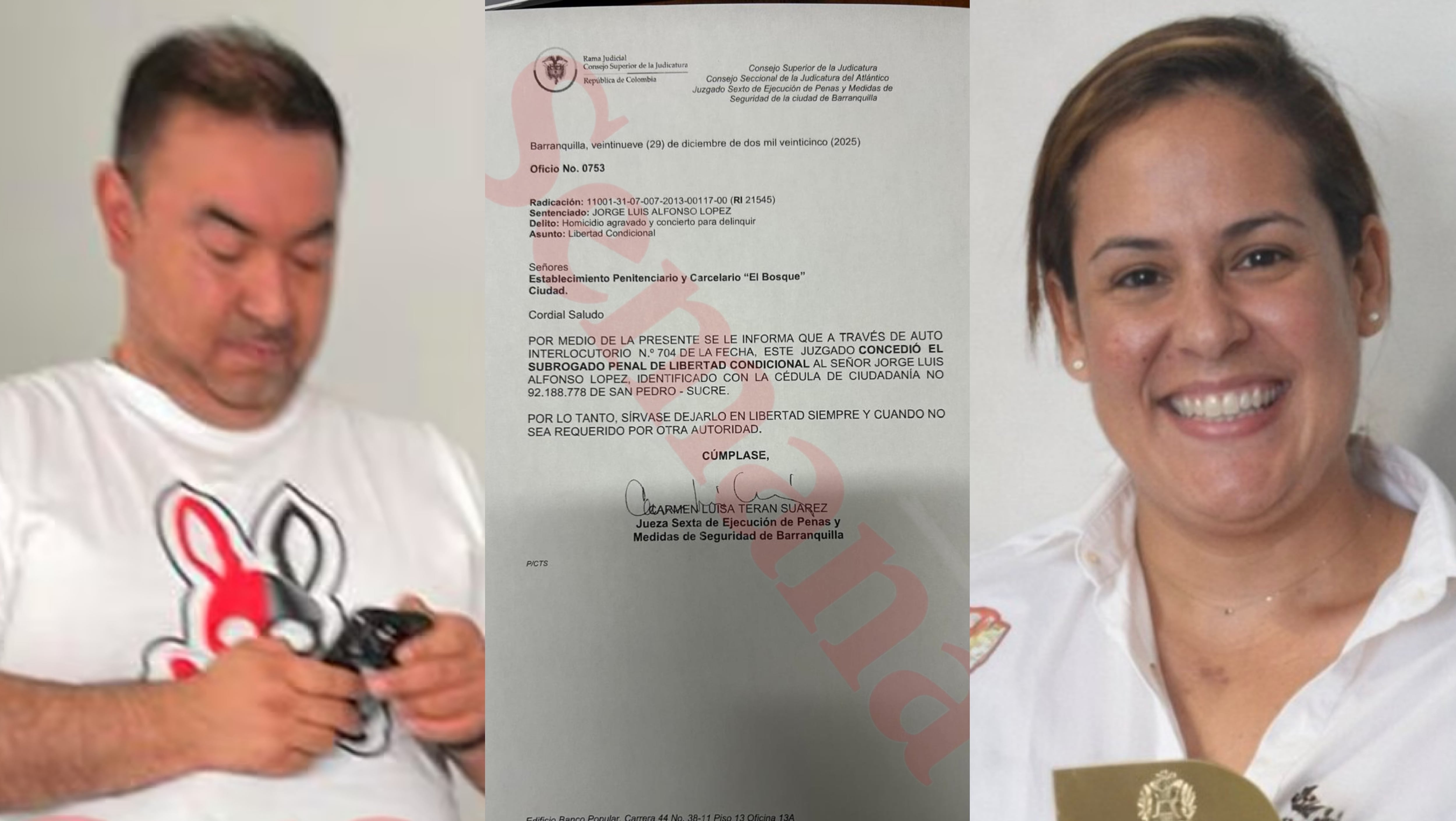 Jorge Luis Alfonso López, oficio que recibió el Inpec y la polémica jueza  Carmen Luisa Terán Suárez.