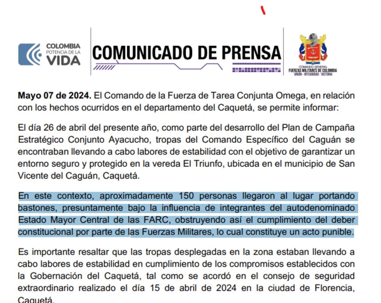 Las Fuerzas Militares revelaron que 150 hombres rodearon a las tropas en polémico video de las disidencias de las Farc en Caquetá.