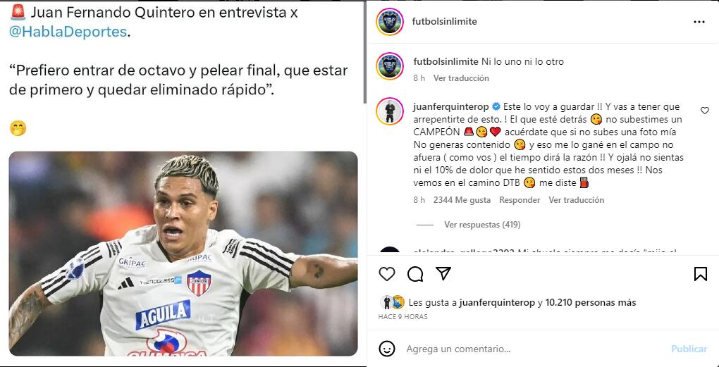 Quintero y su desahogo a través de Instagram