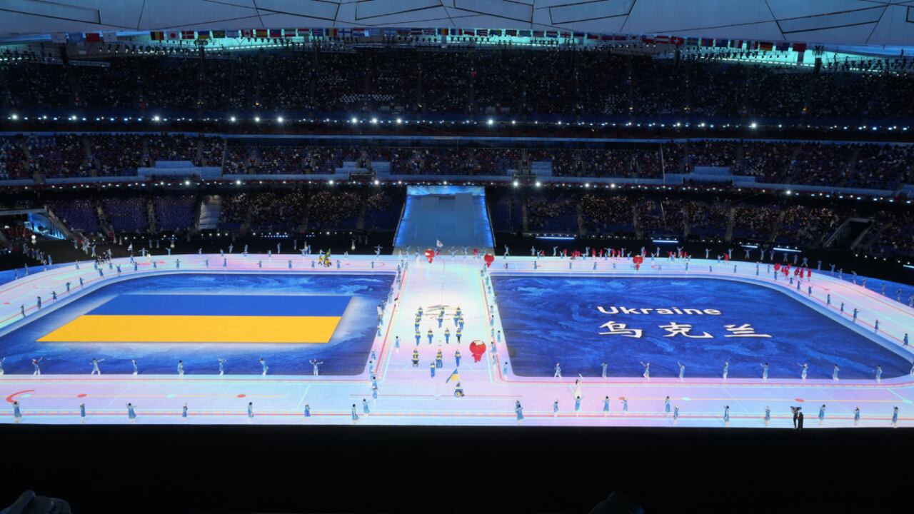 Team Ukraine make their entrance during the opening ceremony at the 2022 Winter Paralympics, Friday, March 4, 2022, in Beijing. (AP/Dita Alangkara)