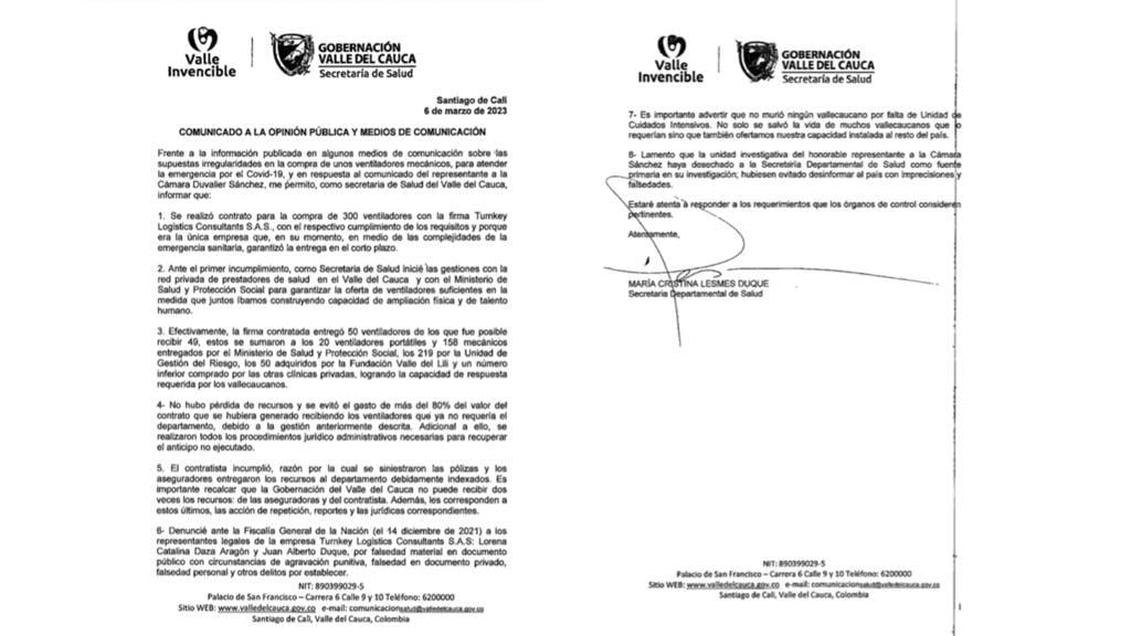 Comunicado a la opinión pública de la Secretaría de Salud del Valle del Cauca.