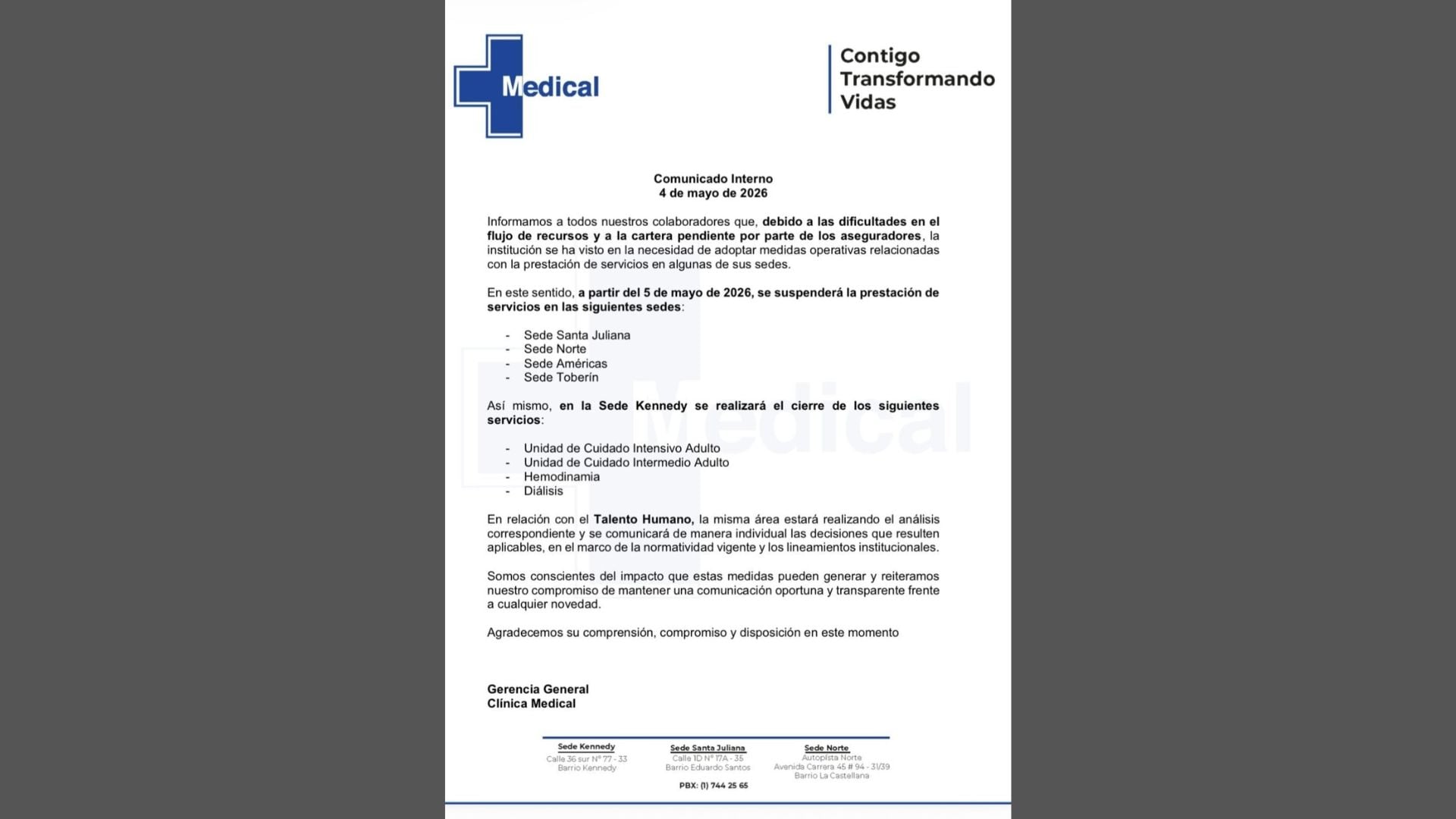 Comunicado interno de la Clínica Medical en el que se anuncia la suspensión de servicios en varias sedes de Bogotá y el cierre de unidades de alta complejidad por dificultades financieras.