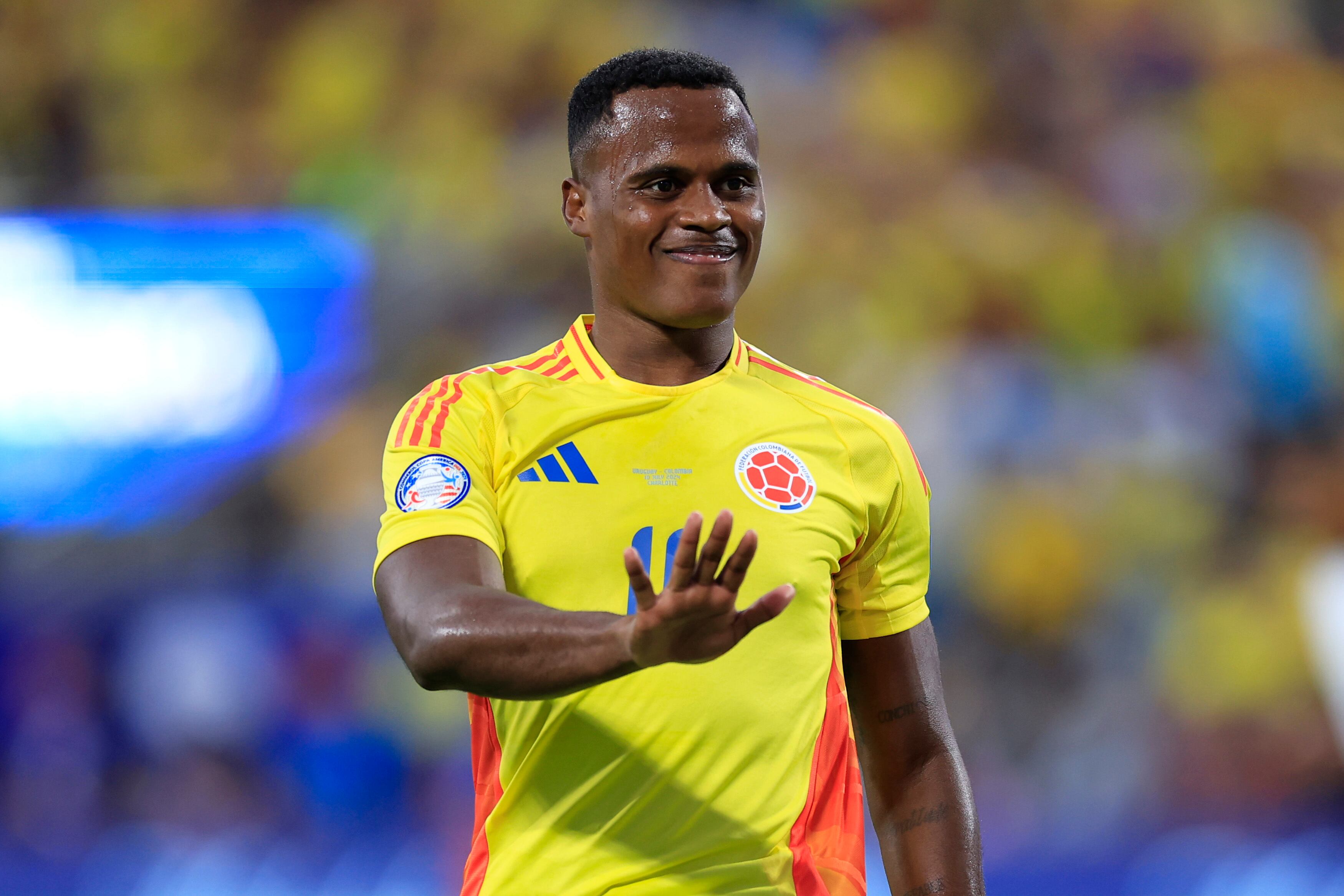 CHARLOTTE, NORTH CAROLINA - JULY 10: Jhon Arias of Colombia gestures during the CONMEBOL Copa America 2024 semifinal match between Uruguay and Colombia at Bank of America Stadium on July 10, 2024 in Charlotte, North Carolina. (Photo by Buda Mendes/Getty Images)