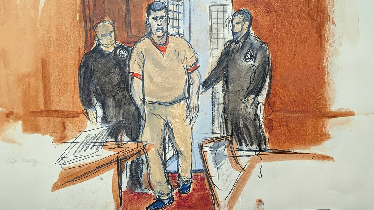 Bosquejo de artista que ilustra al expresidente venezolano Nicolás Maduro en el tribunal de Nueva York.