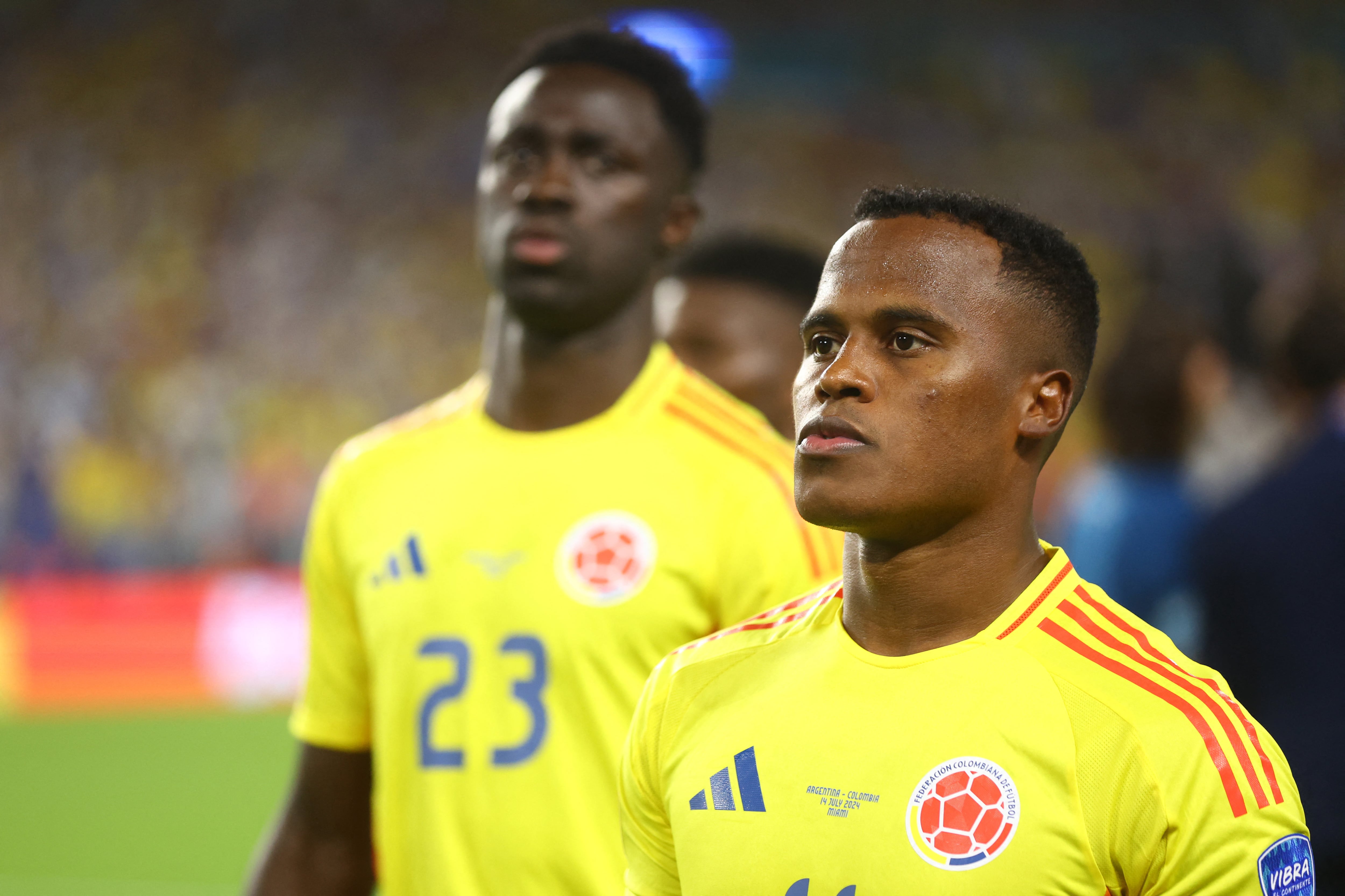 MIAMI GARDENS, FLORIDA - JULY 14: Jhon Arias of Colombia looks on prior to the CONMEBOL Copa America 2024 Final match between Argentina and Colombia at Hard Rock Stadium on July 14, 2024 in Miami Gardens, Florida.   Maddie Meyer/Getty Images/AFP (Photo by Maddie Meyer / GETTY IMAGES NORTH AMERICA / Getty Images via AFP)