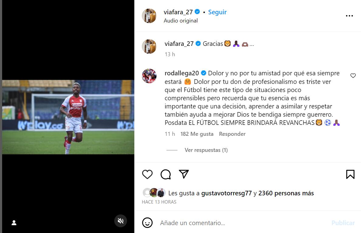 Rodallega se despidió de Fabián Viáfara al no seguir en Santa Fe