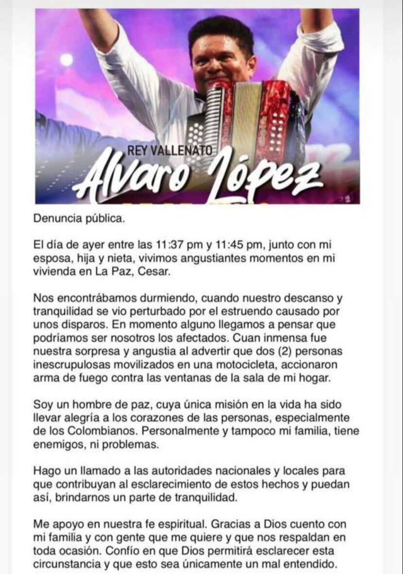 Comunicado de prensa sobre atentado a Álvaro López.