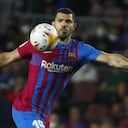 FILE - Barcelona's Sergio Aguero controls the ball during the Spanish La Liga soccer match between FC Barcelona and Valencia at the Camp Nou stadium in Barcelona, Spain, Oct. 17, 2021. Barcelona striker Sergio Aguero has on Wednesday, Dec. 15 announced his immediate retirement for health reasons. (AP Photo/Joan Monfort, file)