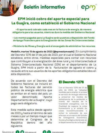 El anunció de EPM este martes 15 de agosto