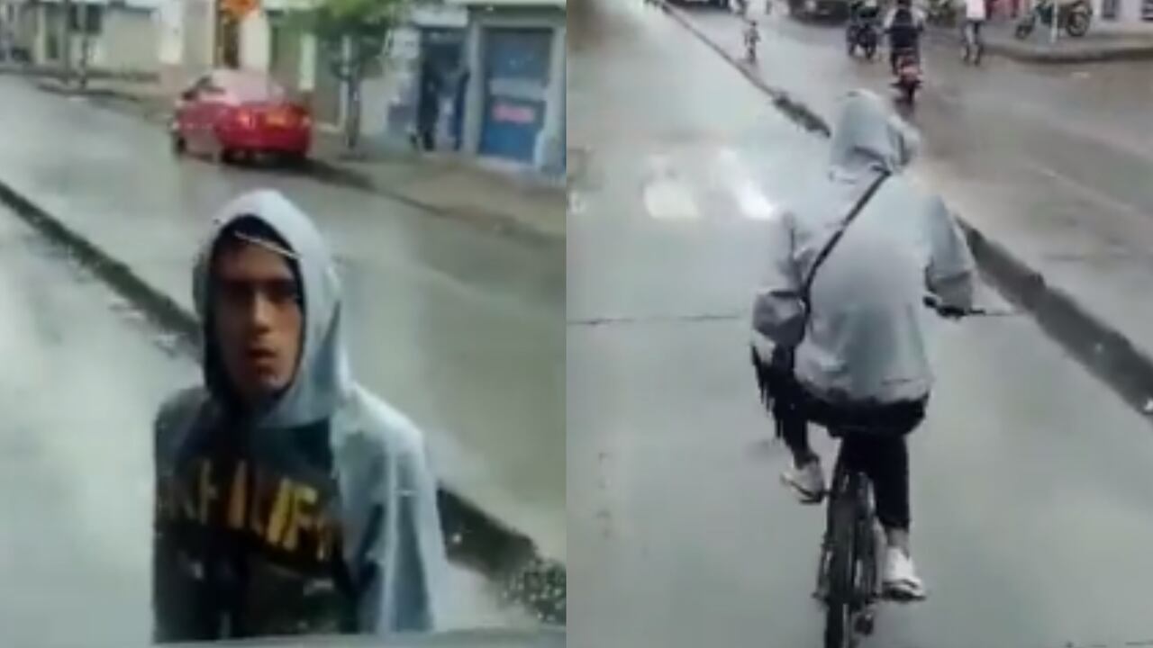 En Cali, un sujeto en bicicleta invadió el carril exclusivo para servicio público y bloqueó el avance de un bus.