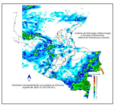 La escala de colores indica la cantidad de
precipitación acumulada para el 29 de diciembre de 2025